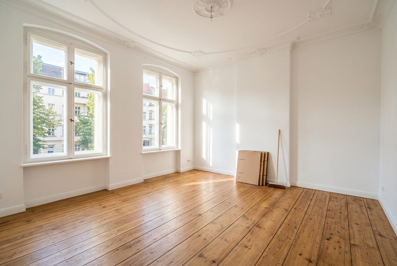 KI-generiertes Bild: Frisch leergeräumte, helle Altbauwohnung mit Holzdielen und hohen Fenstern im Morgenlicht